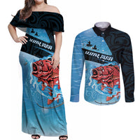 Personalised Snapper Fishing New Zealand Couples Matching Off Shoulder Maxi Dress and Long Sleeve Button Shirt Tamure Fish Hook Maori Pattern LT22 Blue - Polynesian Pride