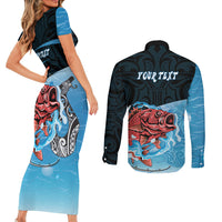 Personalised Snapper Fishing New Zealand Couples Matching Short Sleeve Bodycon Dress and Long Sleeve Button Shirt Tamure Fish Hook Maori Pattern LT22 - Polynesian Pride