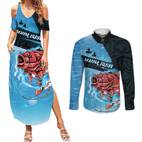 Personalised Snapper Fishing New Zealand Couples Matching Summer Maxi Dress and Long Sleeve Button Shirt Tamure Fish Hook Maori Pattern LT22 Blue - Polynesian Pride
