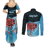 Personalised Snapper Fishing New Zealand Couples Matching Summer Maxi Dress and Long Sleeve Button Shirt Tamure Fish Hook Maori Pattern LT22 - Polynesian Pride