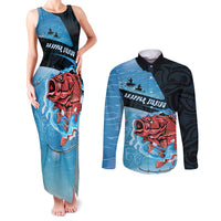 Personalised Snapper Fishing New Zealand Couples Matching Tank Maxi Dress and Long Sleeve Button Shirt Tamure Fish Hook Maori Pattern LT22 Blue - Polynesian Pride