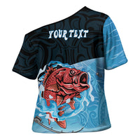 Personalised Snapper Fishing New Zealand Cross Shoulder Shirt Tamure Fish Hook Maori Pattern