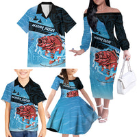 Personalised Snapper Fishing New Zealand Family Matching Off The Shoulder Long Sleeve Dress and Hawaiian Shirt Tamure Fish Hook Maori Pattern LT22 - Polynesian Pride