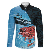 Personalised Snapper Fishing New Zealand Family Matching Short Sleeve Bodycon Dress and Hawaiian Shirt Tamure Fish Hook Maori Pattern LT22 Dad's Shirt - Long Sleeve Blue - Polynesian Pride