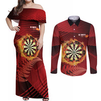Personalised Darts New Zealand Couples Matching Off Shoulder Maxi Dress and Long Sleeve Button Shirt Silver Fern Red Color LT22 Red - Polynesian Pride