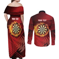 Personalised Darts New Zealand Couples Matching Off Shoulder Maxi Dress and Long Sleeve Button Shirt Silver Fern Red Color LT22 - Polynesian Pride