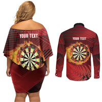 Personalised Darts New Zealand Couples Matching Off Shoulder Short Dress and Long Sleeve Button Shirt Silver Fern Red Color LT22 - Polynesian Pride
