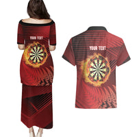 Personalised Darts New Zealand Couples Matching Puletasi and Hawaiian Shirt Silver Fern Red Color LT22 - Polynesian Pride