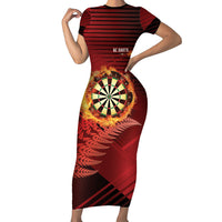 Personalised Darts New Zealand Family Matching Short Sleeve Bodycon Dress and Hawaiian Shirt Silver Fern Red Color LT22 Mom's Dress Red - Polynesian Pride