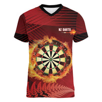 Personalised Darts New Zealand Women V-Neck T-Shirt Silver Fern Red Color LT22 Female Red - Polynesian Pride