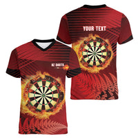 Personalised Darts New Zealand Women V-Neck T-Shirt Silver Fern Red Color LT22 - Polynesian Pride