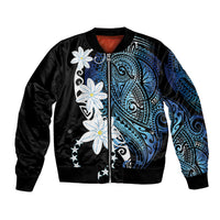 Cook Islands Maori Language Week Bomber Jacket Tiare Maori Kuki Airani Blue Pattern LT22 Unisex Blue - Polynesian Pride