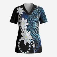 Cook Islands Maori Language Week Scrub Top Tiare Maori Kuki Airani Blue Pattern LT22 Adult Blue - Polynesian Pride