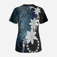 Cook Islands Maori Language Week Scrub Top Tiare Maori Kuki Airani Blue Pattern LT22 - Polynesian Pride