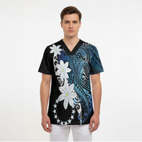 Cook Islands Maori Language Week Scrub Top Tiare Maori Kuki Airani Blue Pattern LT22 - Polynesian Pride