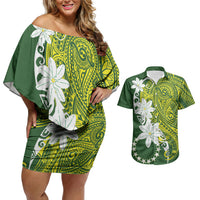 Cook Islands Maori Language Week Couples Matching Off Shoulder Short Dress and Hawaiian Shirt Tiare Maori Kuki Airani Green Pattern LT22 Green - Polynesian Pride