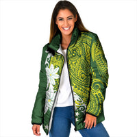 Cook Islands Maori Language Week Padded Jacket Tiare Maori Kuki Airani Green Pattern LT22 Women Green - Polynesian Pride