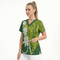 Cook Islands Maori Language Week Scrub Top Tiare Maori Kuki Airani Green Pattern LT22 - Polynesian Pride