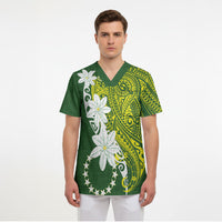 Cook Islands Maori Language Week Scrub Top Tiare Maori Kuki Airani Green Pattern LT22 - Polynesian Pride