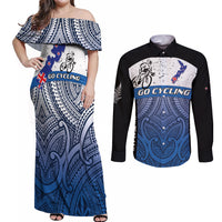 Personalised Cycling New Zealand Couples Matching Off Shoulder Maxi Dress and Long Sleeve Button Shirt Aotearoa Map Fern Maori Pattern LT22 Blue - Polynesian Pride