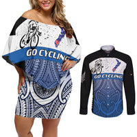 Personalised Cycling New Zealand Couples Matching Off Shoulder Short Dress and Long Sleeve Button Shirt Aotearoa Map Fern Maori Pattern LT22 Blue - Polynesian Pride