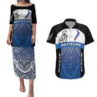 Personalised Cycling New Zealand Couples Matching Puletasi and Hawaiian Shirt Aotearoa Map Fern Maori Pattern LT22 Blue - Polynesian Pride