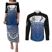 Personalised Cycling New Zealand Couples Matching Puletasi and Long Sleeve Button Shirt Aotearoa Map Fern Maori Pattern LT22 Blue - Polynesian Pride