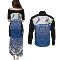 Personalised Cycling New Zealand Couples Matching Puletasi and Long Sleeve Button Shirt Aotearoa Map Fern Maori Pattern LT22 - Polynesian Pride