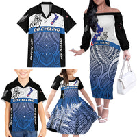 Personalised Cycling New Zealand Family Matching Off The Shoulder Long Sleeve Dress and Hawaiian Shirt Aotearoa Map Fern Maori Pattern LT22 - Polynesian Pride
