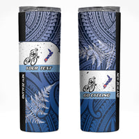 Personalised Cycling New Zealand Skinny Tumbler Aotearoa Map Fern Maori Pattern LT22 Blue - Polynesian Pride