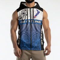 Personalised Cycling New Zealand Sleeveless Zip Hoodie Aotearoa Map Fern Maori Pattern