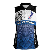 Personalised Cycling New Zealand Women Sleeveless Polo Shirt Aotearoa Map Fern Maori Pattern LT22 Female Blue - Polynesian Pride