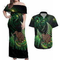 Kiwi New Zealand Personalised Couples Matching Off Shoulder Maxi Dress and Hawaiian Shirt Aotearoa Map Silver Fern Koru Pattern LT22 Green - Polynesian Pride