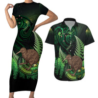 Kiwi New Zealand Personalised Couples Matching Short Sleeve Bodycon Dress and Hawaiian Shirt Aotearoa Map Silver Fern Koru Pattern LT22 Green - Polynesian Pride