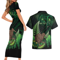 Kiwi New Zealand Personalised Couples Matching Short Sleeve Bodycon Dress and Hawaiian Shirt Aotearoa Map Silver Fern Koru Pattern LT22 - Polynesian Pride