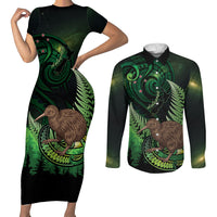 Kiwi New Zealand Personalised Couples Matching Short Sleeve Bodycon Dress and Long Sleeve Button Shirt Aotearoa Map Silver Fern Koru Pattern LT22 Green - Polynesian Pride