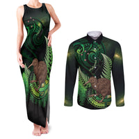 Kiwi New Zealand Personalised Couples Matching Tank Maxi Dress and Long Sleeve Button Shirt Aotearoa Map Silver Fern Koru Pattern LT22 Green - Polynesian Pride