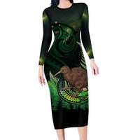 Kiwi New Zealand Personalised Family Matching Long Sleeve Bodycon Dress and Hawaiian Shirt Aotearoa Map Silver Fern Koru Pattern LT22 Mom's Dress Green - Polynesian Pride