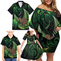 Kiwi New Zealand Personalised Family Matching Off Shoulder Short Dress and Hawaiian Shirt Aotearoa Map Silver Fern Koru Pattern LT22 - Polynesian Pride
