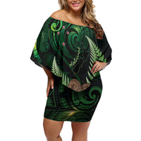 Kiwi New Zealand Personalised Family Matching Off Shoulder Short Dress and Hawaiian Shirt Aotearoa Map Silver Fern Koru Pattern LT22 Mom's Dress Green - Polynesian Pride