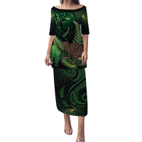 Kiwi New Zealand Personalised Family Matching Puletasi and Hawaiian Shirt Aotearoa Map Silver Fern Koru Pattern LT22 Mom's Dress Green - Polynesian Pride