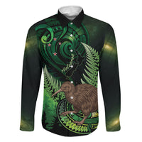 Kiwi New Zealand Personalised Family Matching Summer Maxi Dress and Hawaiian Shirt Aotearoa Map Silver Fern Koru Pattern LT22 Dad's Shirt - Long Sleeve Green - Polynesian Pride