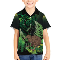 Kiwi New Zealand Personalised Family Matching Summer Maxi Dress and Hawaiian Shirt Aotearoa Map Silver Fern Koru Pattern LT22 Son's Shirt Green - Polynesian Pride