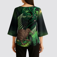 Kiwi New Zealand Personalised Kimono Sleeve Blouse Aotearoa Map Silver Fern Koru Pattern