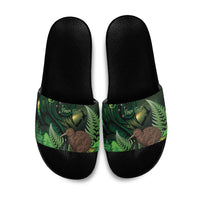 Kiwi New Zealand Personalised Slide Sandals Aotearoa Map Silver Fern Koru Pattern