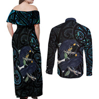New Zealand Huia Bird Couples Matching Off Shoulder Maxi Dress and Long Sleeve Button Shirt Paua Shell Maori Pattern