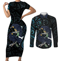 New Zealand Huia Bird Couples Matching Short Sleeve Bodycon Dress and Long Sleeve Button Shirt Paua Shell Maori Pattern LT22 Black - Polynesian Pride