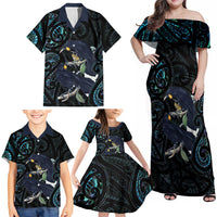 New Zealand Huia Bird Family Matching Off Shoulder Maxi Dress and Hawaiian Shirt Paua Shell Maori Pattern LT22 - Polynesian Pride