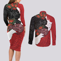 Kiwi New Zealand Personalised Couples Matching Long Sleeve Bodycon Dress and Long Sleeve Button Shirt NZ Map Pohutukawa Fern Maori Pattern LT22 - Polynesian Pride