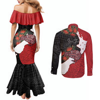 Kiwi New Zealand Personalised Couples Matching Mermaid Dress and Long Sleeve Button Shirt NZ Map Pohutukawa Fern Maori Pattern LT22 - Polynesian Pride